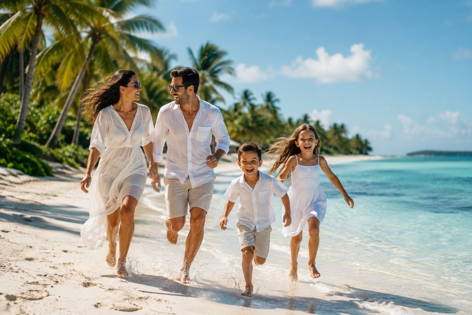 A family running together along a palm-fringed white sand beach