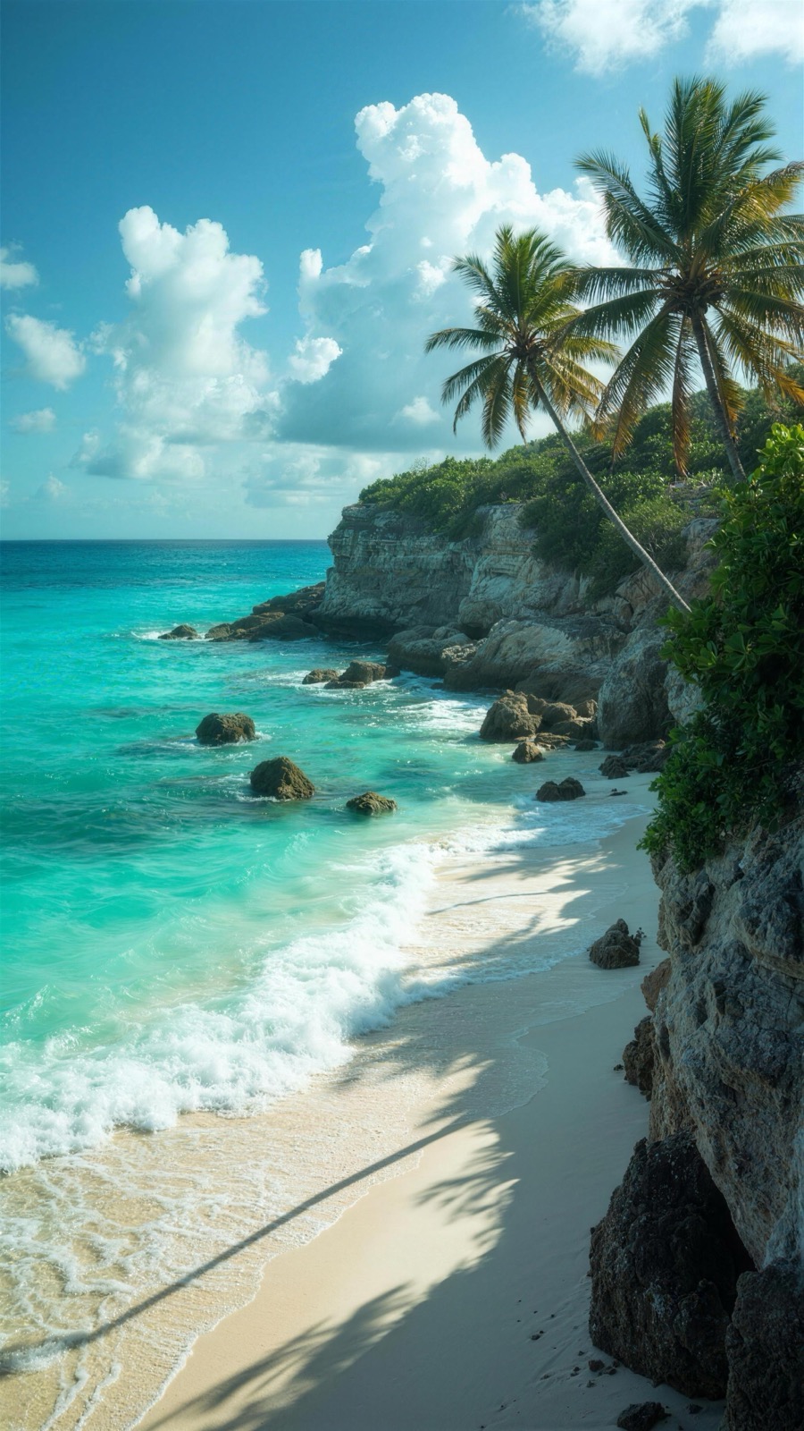 A palm-lined turquoise cove with white sand in the Caribbean