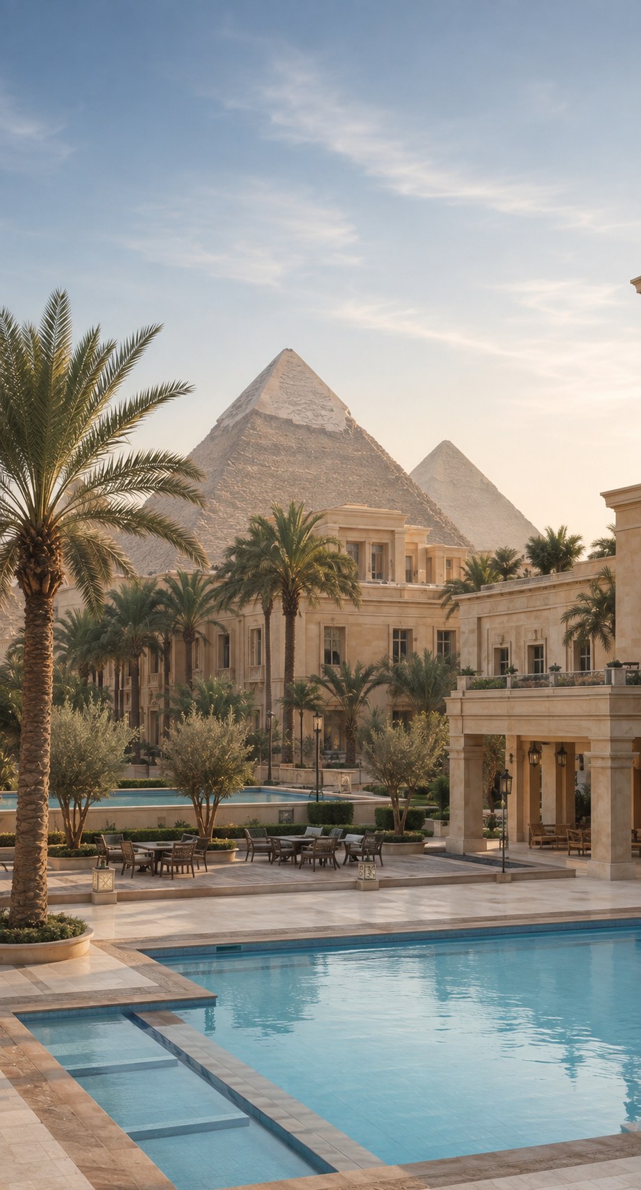 A palm-lined hotel pool with the Pyramids of Giza rising behind, Egypt