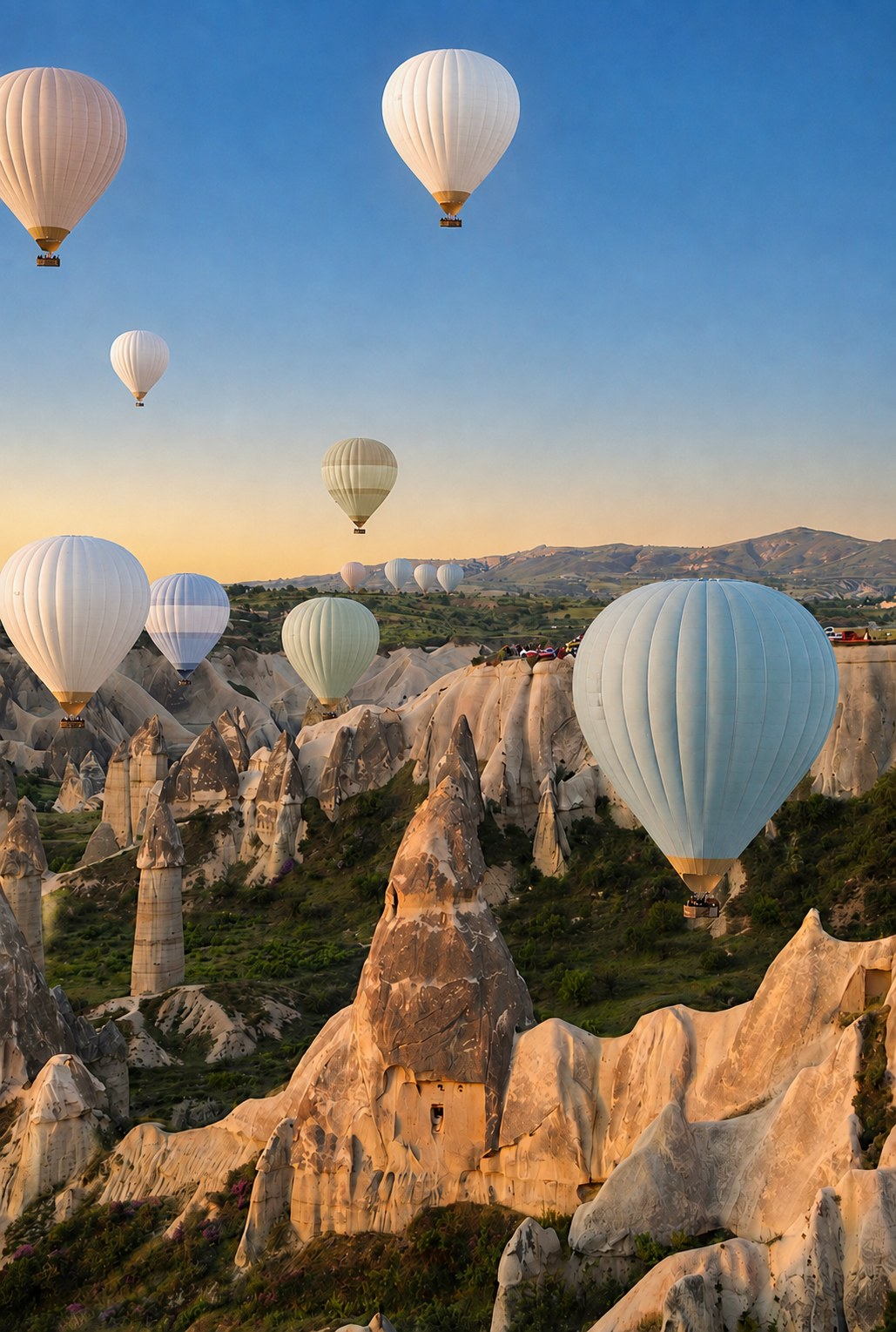 Hot-air balloons rising over the valleys of Cappadocia, Turkey