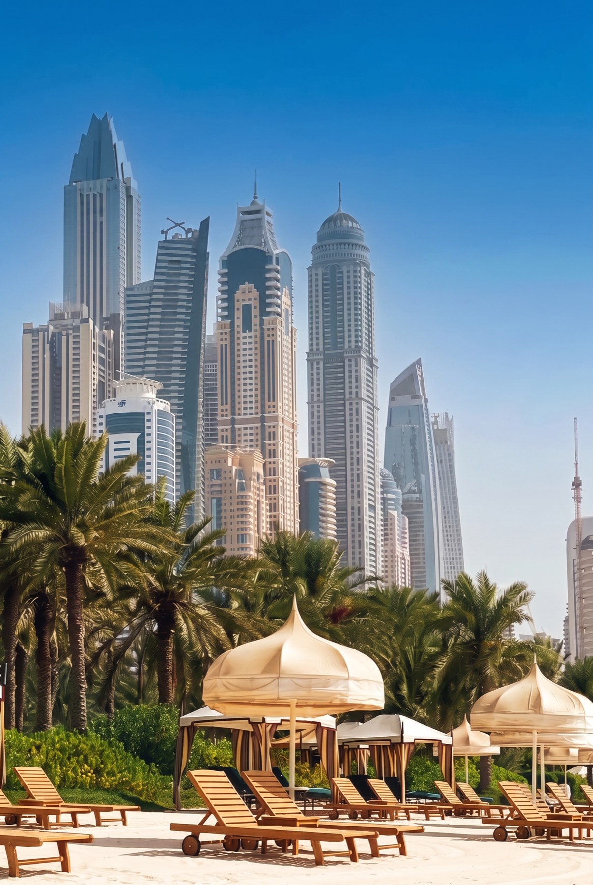 The Dubai Marina skyline rising behind palm trees and beachfront cabanas