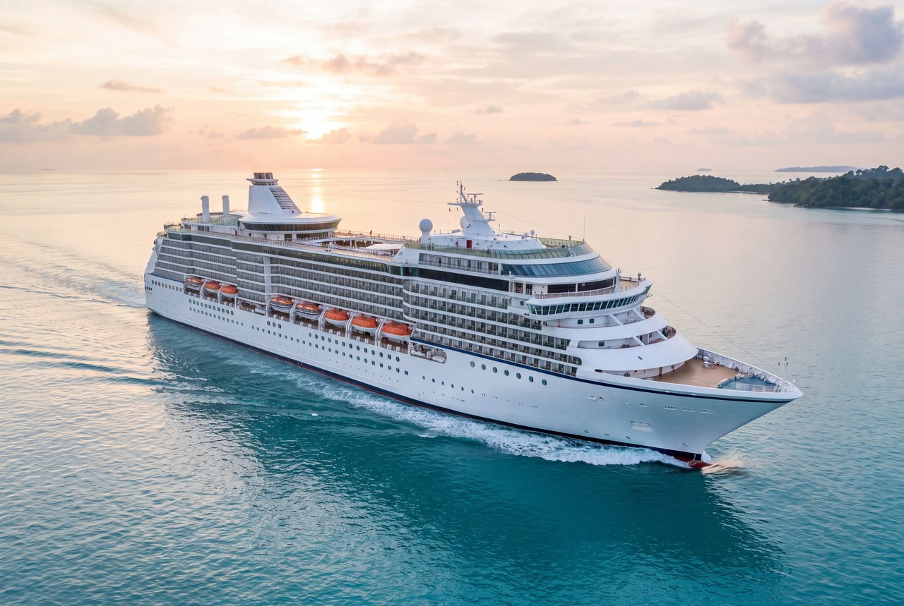A cruise ship under way on calm turquoise water at sunrise